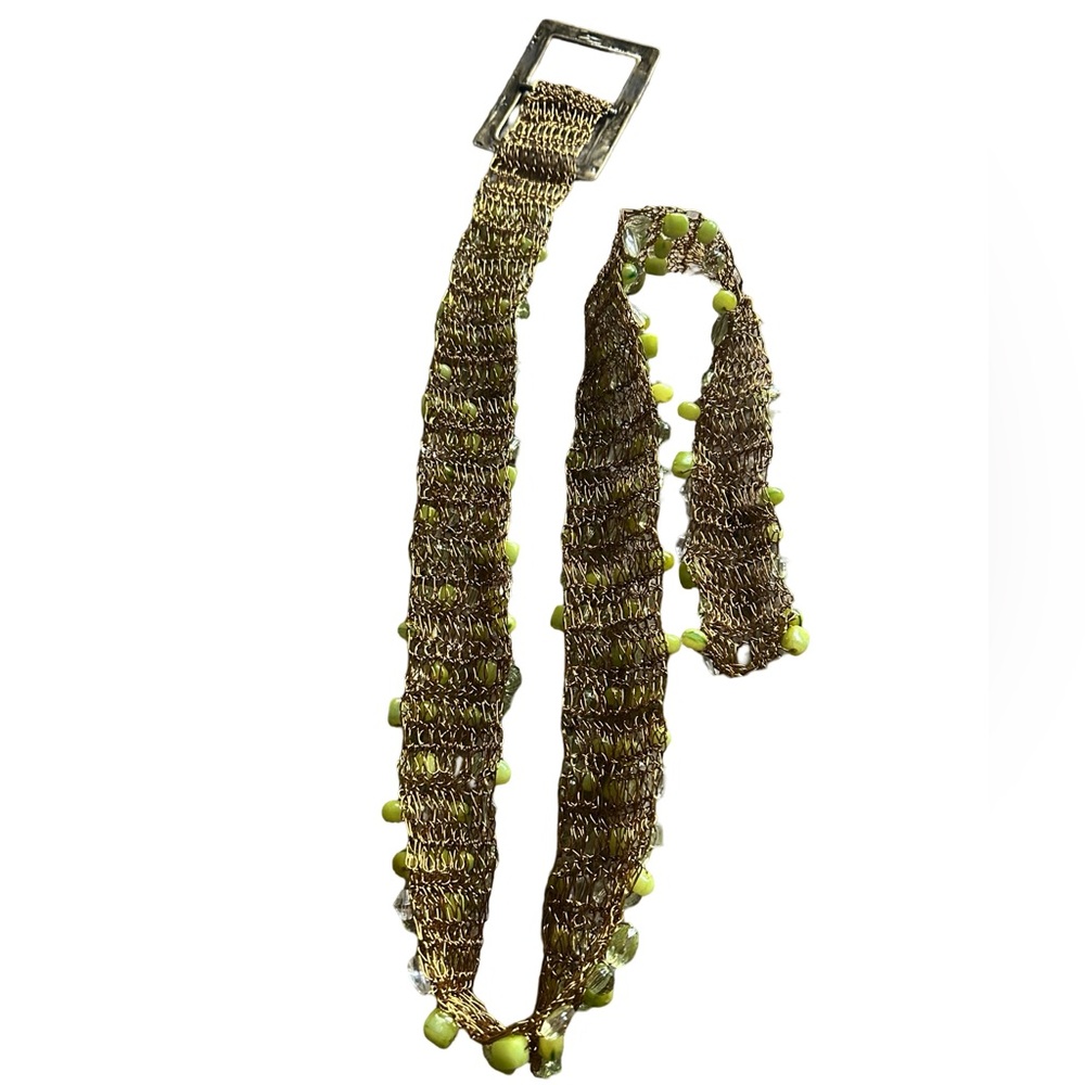 Gold Green Beaded Chunky Metal Retro Artsy Belt - Picture 10 of 12